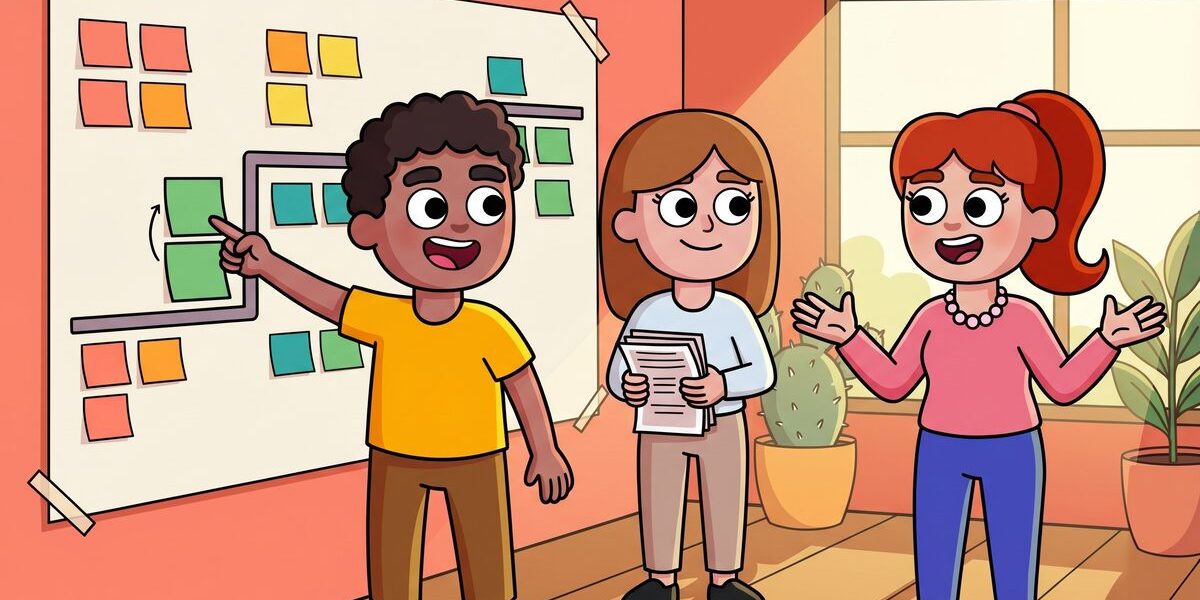 Three illustrated coworkers planning a change rollout together at a whiteboard with sticky notes