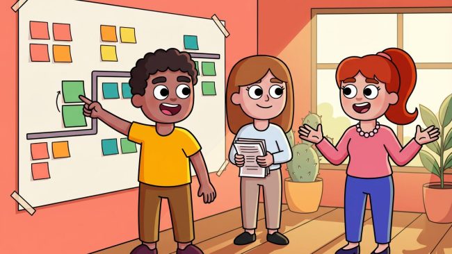 Three illustrated coworkers planning a change rollout together at a whiteboard with sticky notes