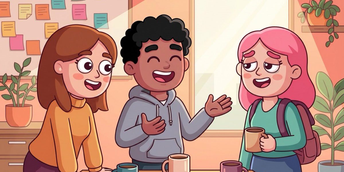 2026-04-14-hybrid-work-collaboration-challenges Three illustrated colleagues coordinating hybrid work in a bright office lounge with warm LEAD.app style.