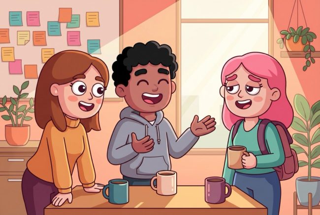 Three illustrated colleagues coordinating hybrid work in a bright office lounge with warm LEAD.app style.