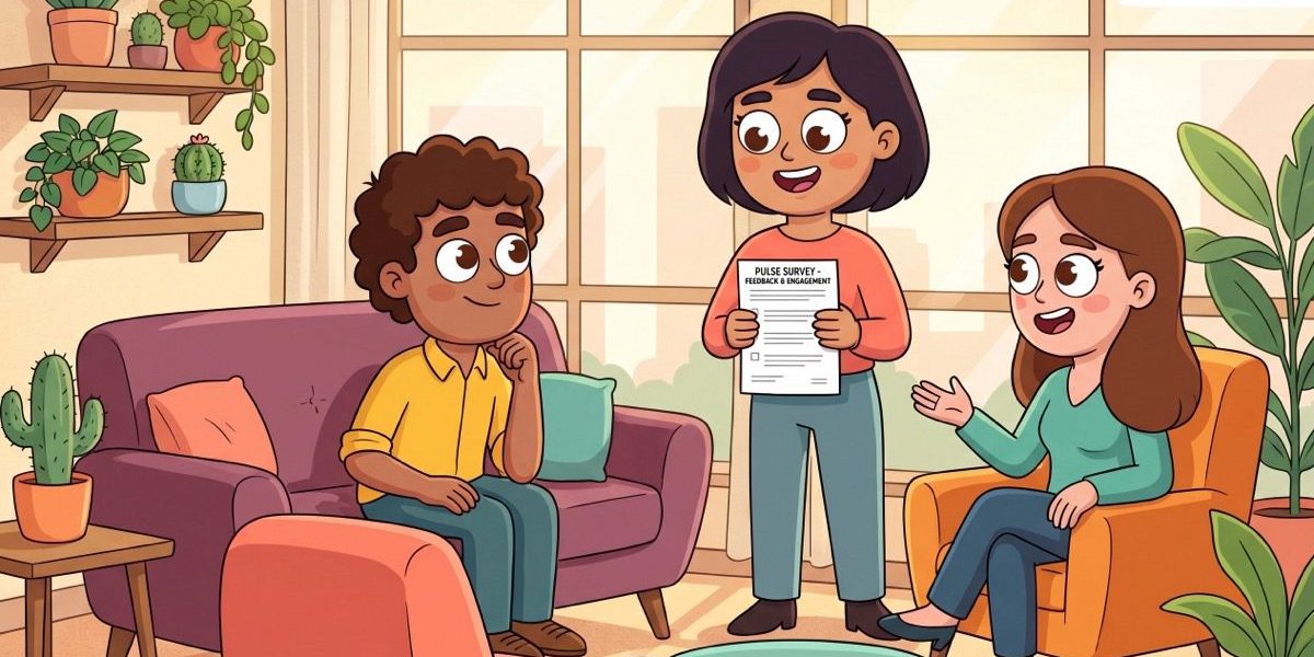 Team lead reviewing pulse survey feedback with two colleagues in a bright office lounge