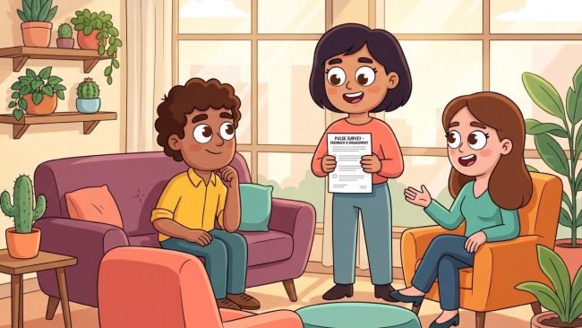 Team lead reviewing pulse survey feedback with two colleagues in a bright office lounge