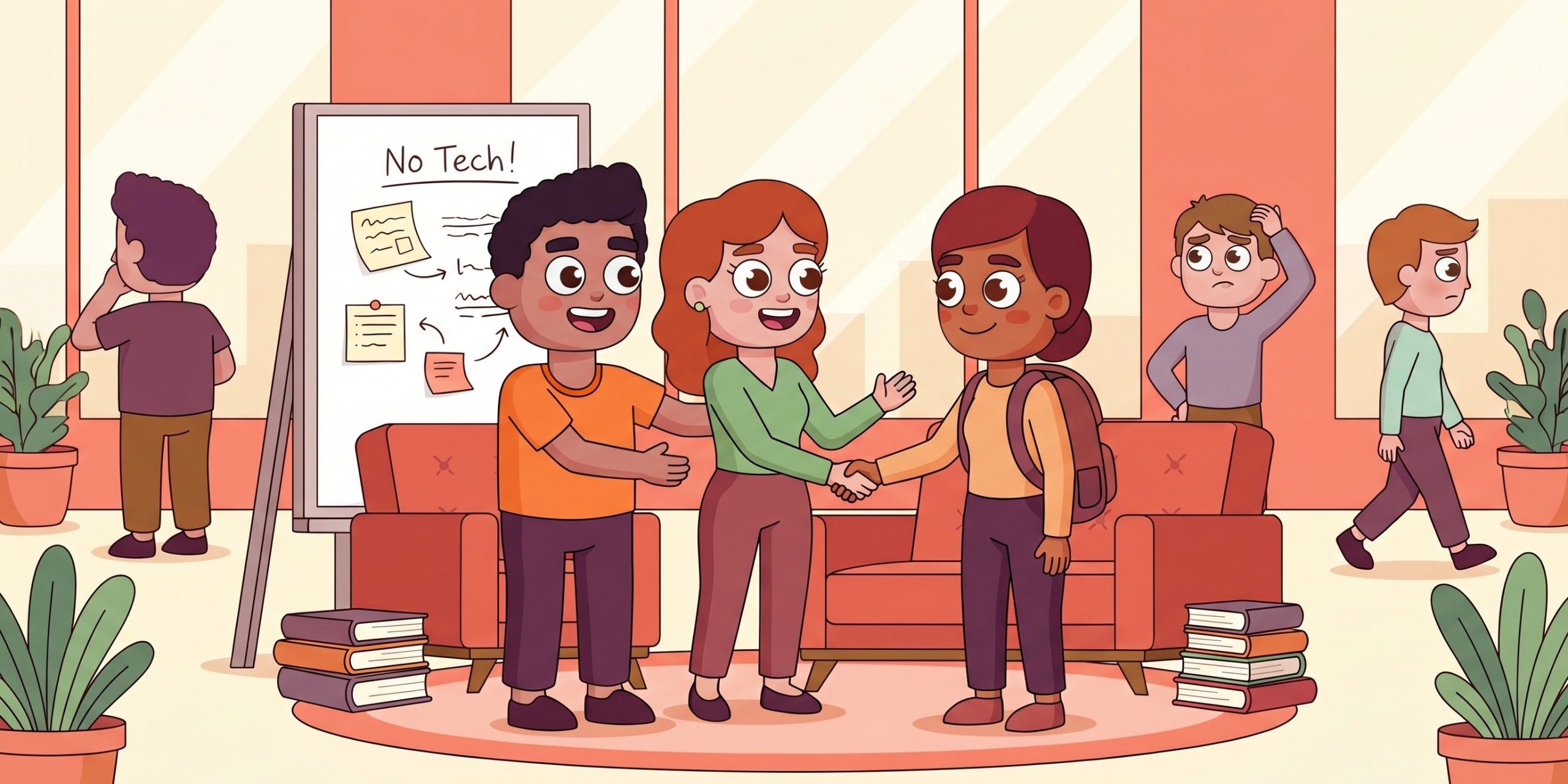 LEAD-style illustration of a growing team welcoming a new hire into the informal network as coordination gets more complex