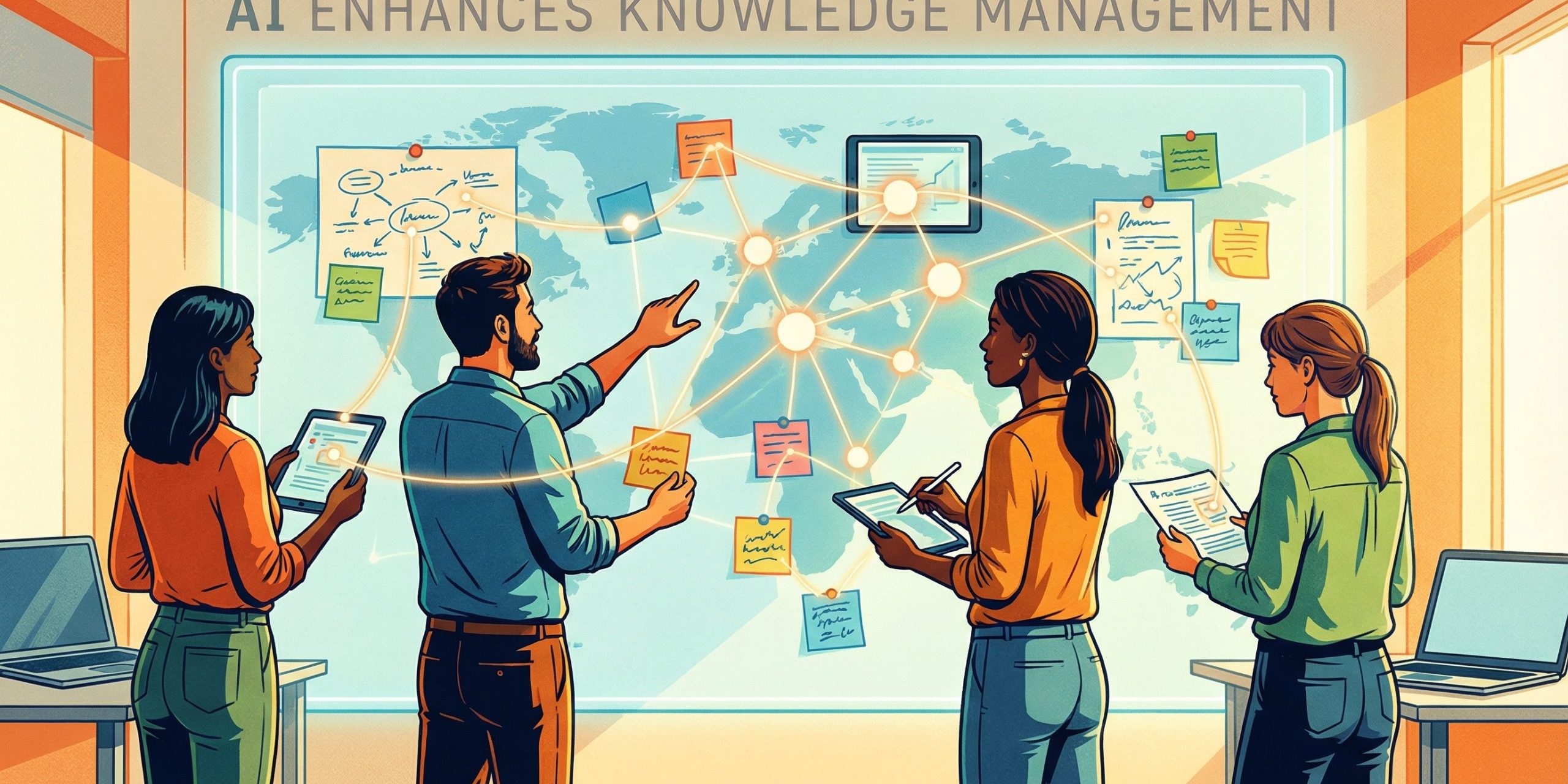 AI enhances knowledge management systems editorial illustration Editorial illustration of a cross-functional team organizing documents, insights, and AI-assisted knowledge flows.