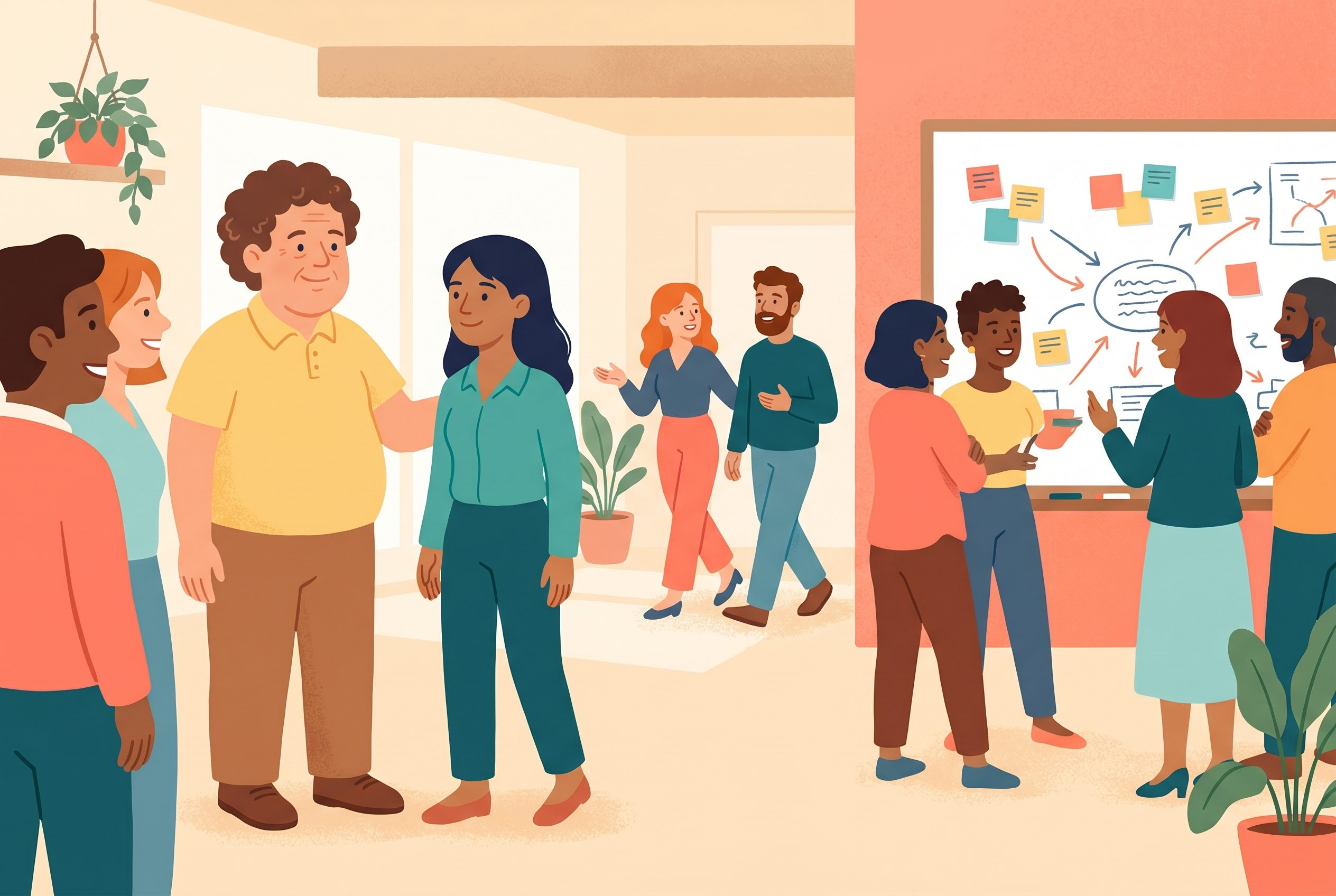 Team leads helping new employees integrate into a growing organization through mentoring and cross-team introductions, illustrating scaling team communication