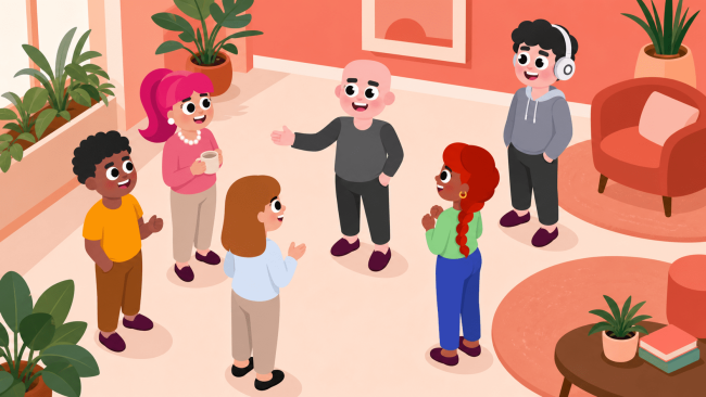 Knowledge discovery organizational network scene with coworkers connecting across teams in LEAD style illustration