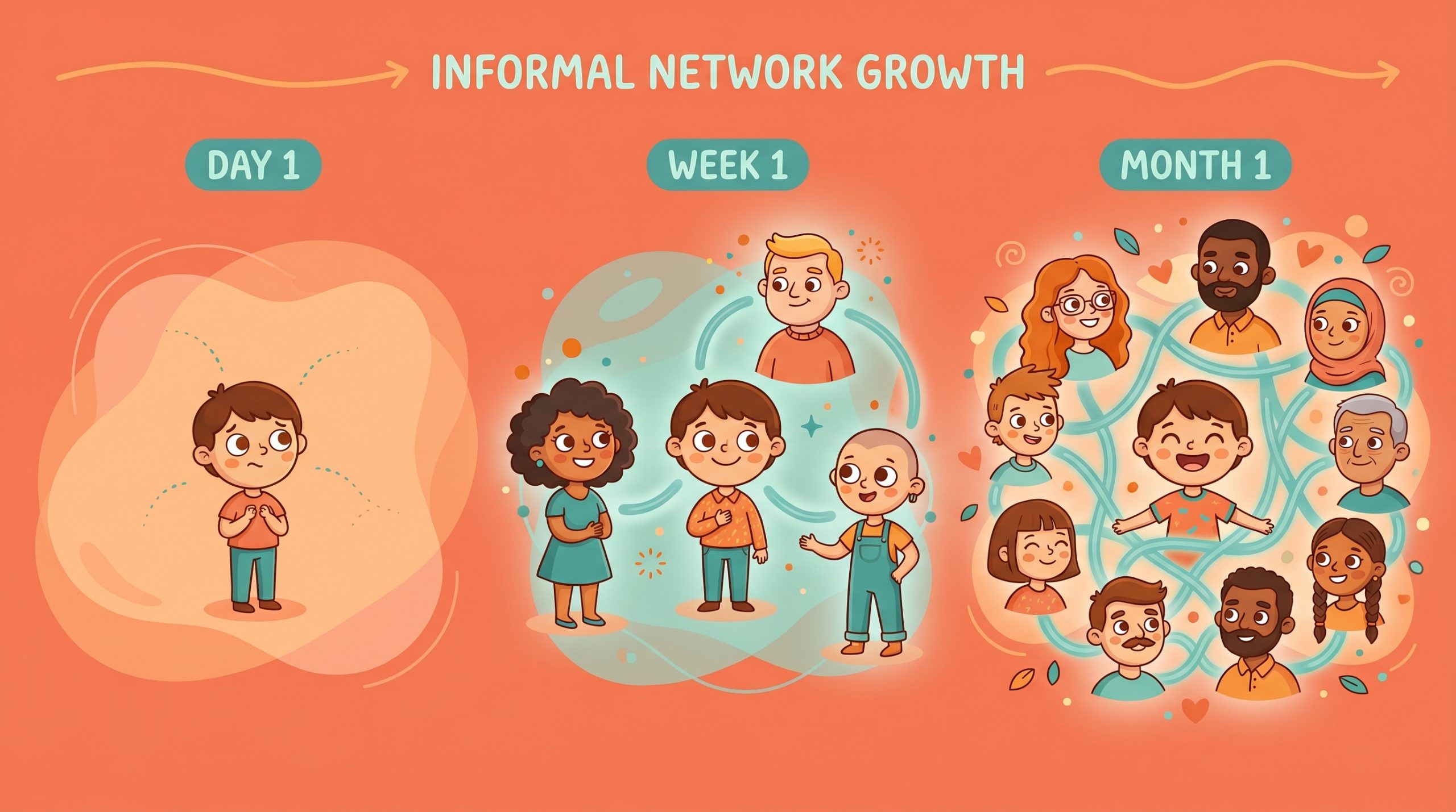 Timeline showing new hire informal network growth from Day 1 to Month 1, with connections expanding from one person to a cluster of colleagues β new hire informal network onboarding