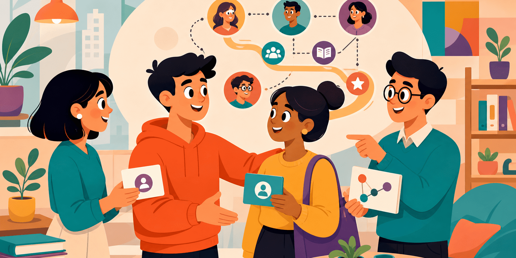 LEAD-style onboarding buddy introducing a new hire to team knowledge flows