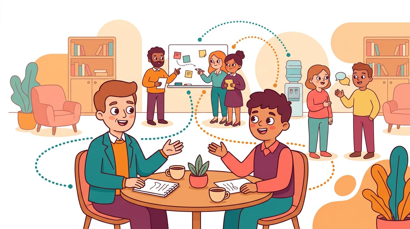 Employees meeting through a structured connection program for mentoring and cross-team knowledge sharing