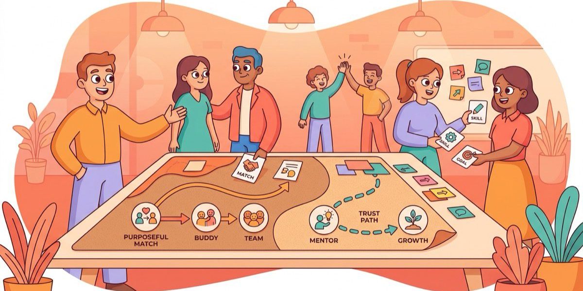 brenda-2026-07-15-employee-experience-without-random-pairing-banner-gemini LEAD-style people team reviewing team connection paths and employee matching