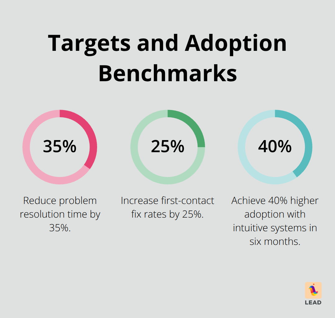 Percentage goals for resolution time, first-contact fixes, and platform adoption
