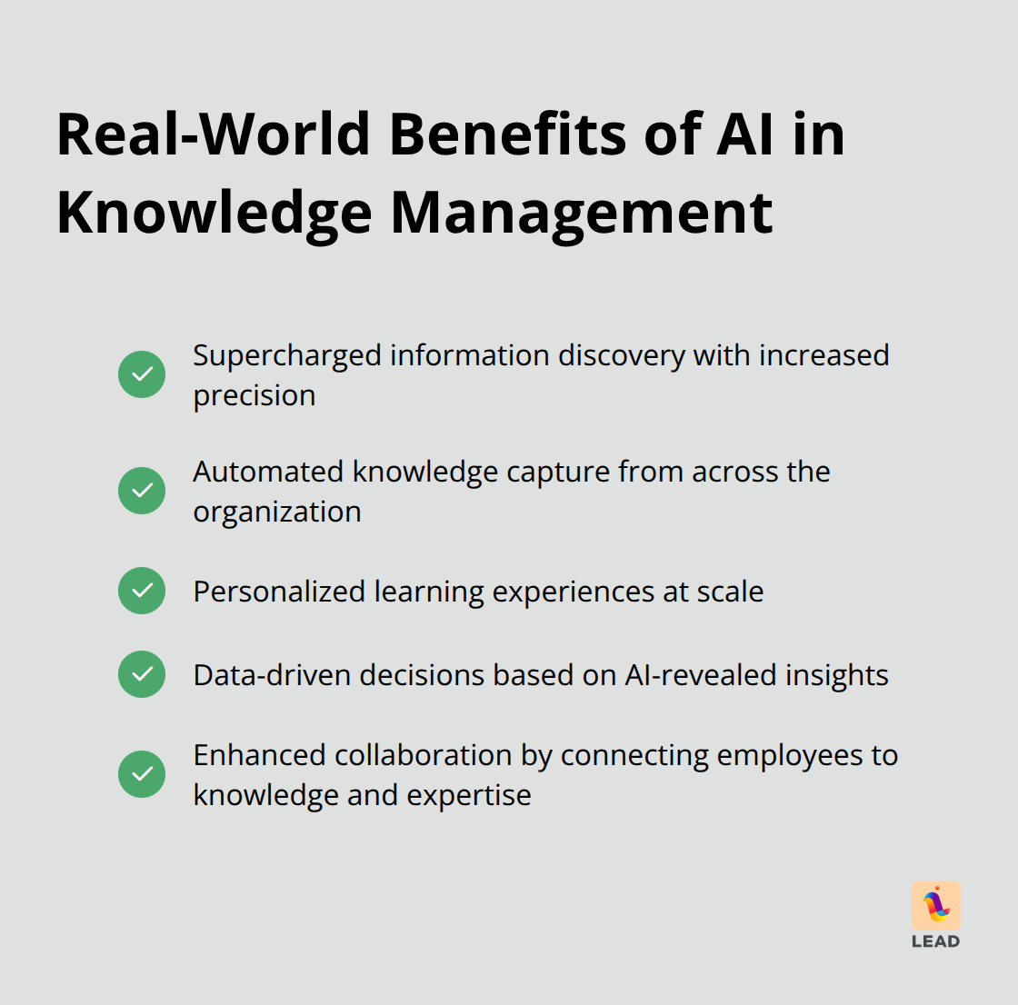 A checkmark list showing five key benefits of AI in knowledge management: information discovery, automated knowledge capture, personalized learning, data-driven decisions, and improved collaboration