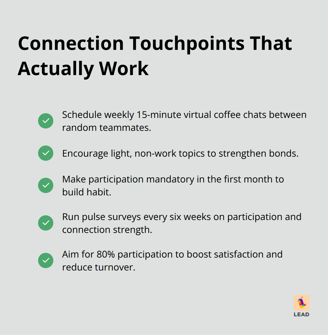 Checklist of high-impact connection practices for U.S.-based hybrid teams. - leading hybrid teams training