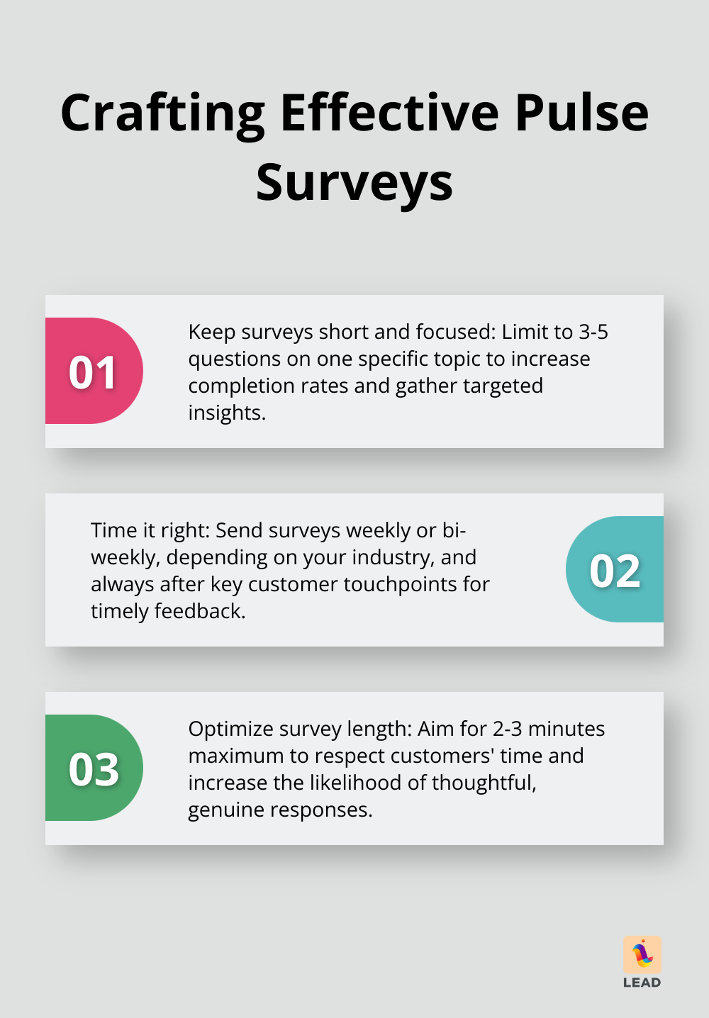 Ordered list chart showing three key points for creating effective pulse surveys - manager employee check ins