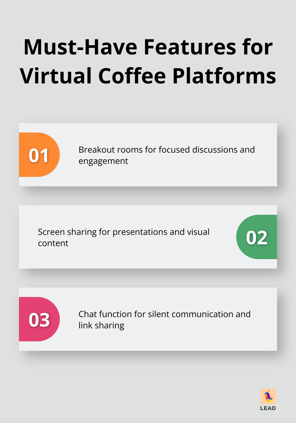 Infographic showing three essential features for virtual coffee morning platforms: breakout rooms, screen sharing, and chat function.